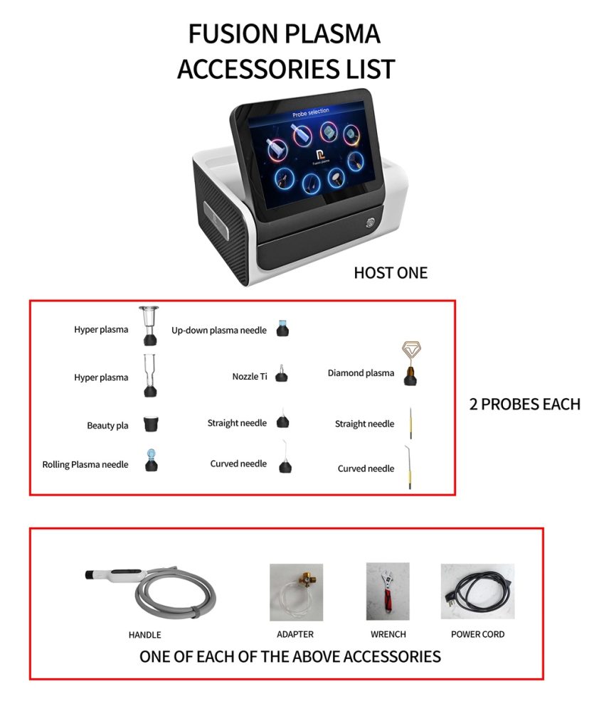 Cold and warm fusion plasma device and 11 facial treatment handpiece parts