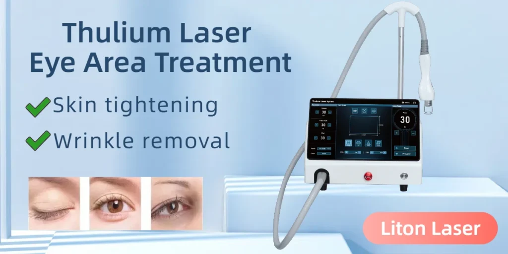 Thulium laser eye area treatment for wrinkle removal and skin tightening