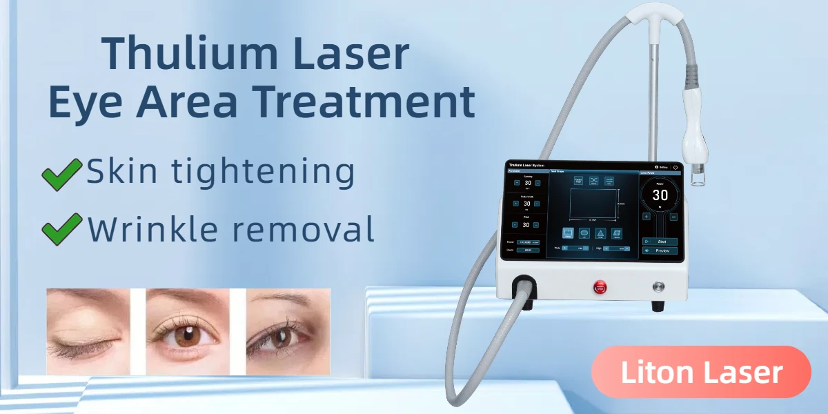Thulium laser eye area treatment for wrinkle removal and skin tightening